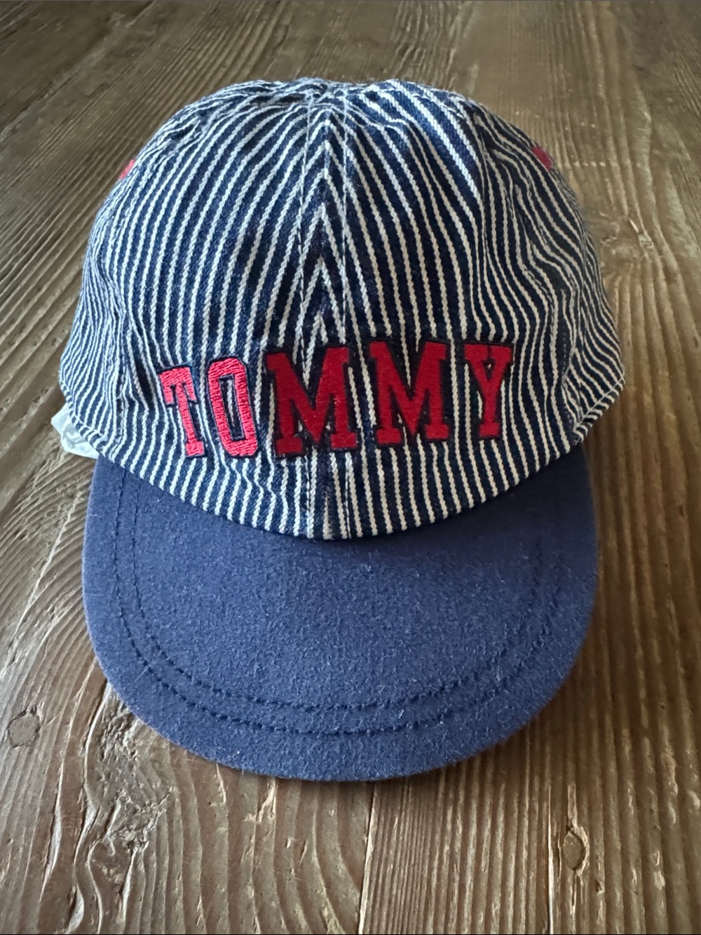 Tommy Hilfiger Kids Navy & White Pinstripe Cap with Red TOMMY Embroidery